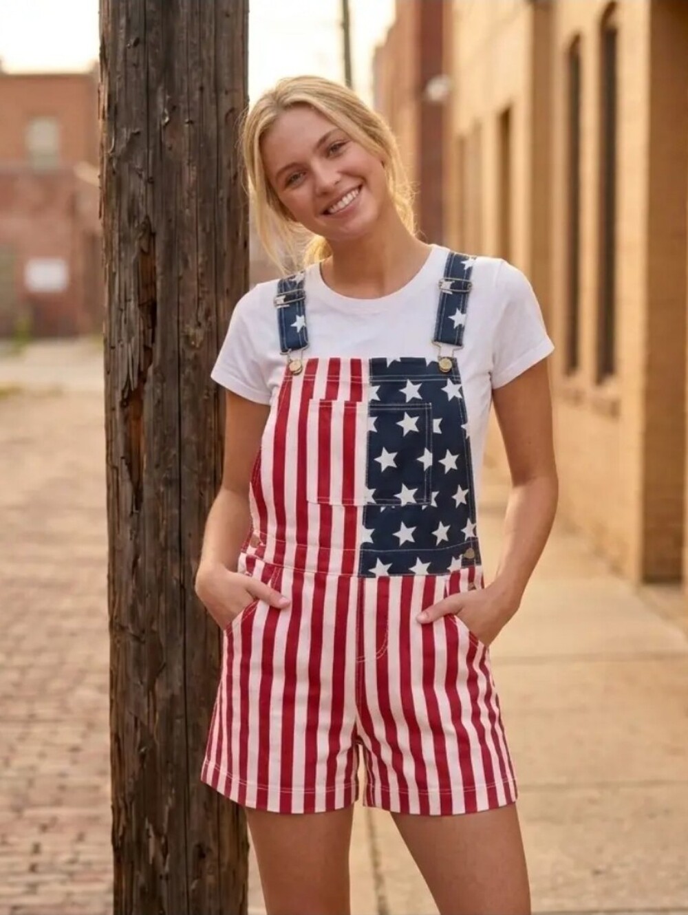 Women's Flag-Print Short Overalls in Red, White & Blue